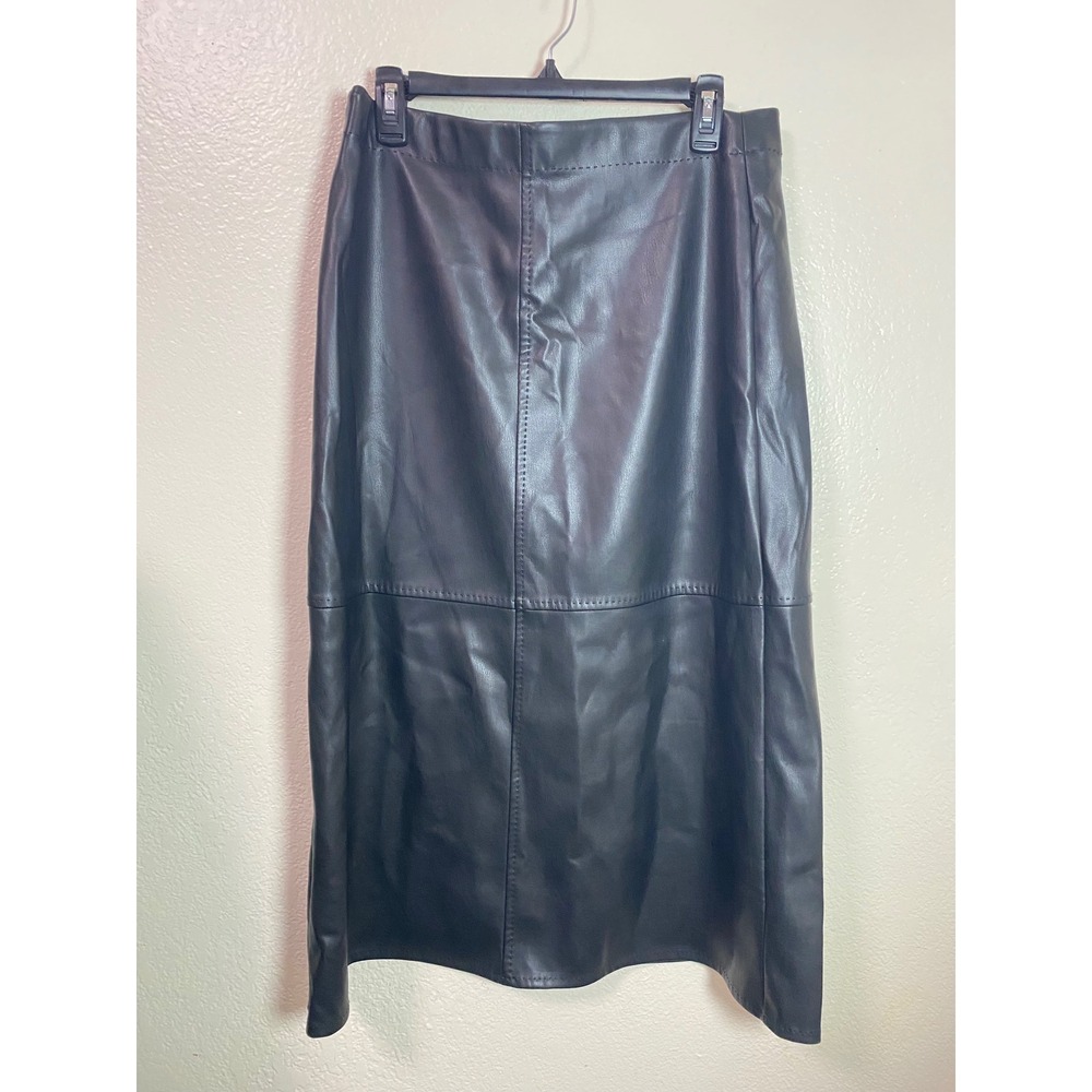 Max Studio London Black Faux Leather Midi Skirt Size Large High Waist